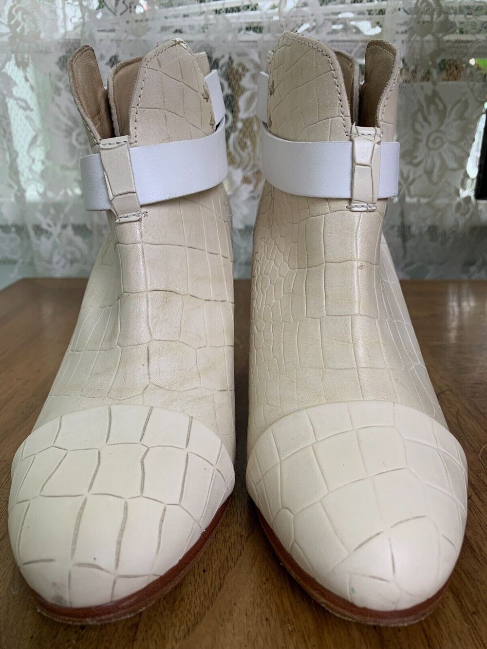 Rag & Bone Harrow Cream Croc Embossed Leather Ankle Boots Ivory 37 US 7